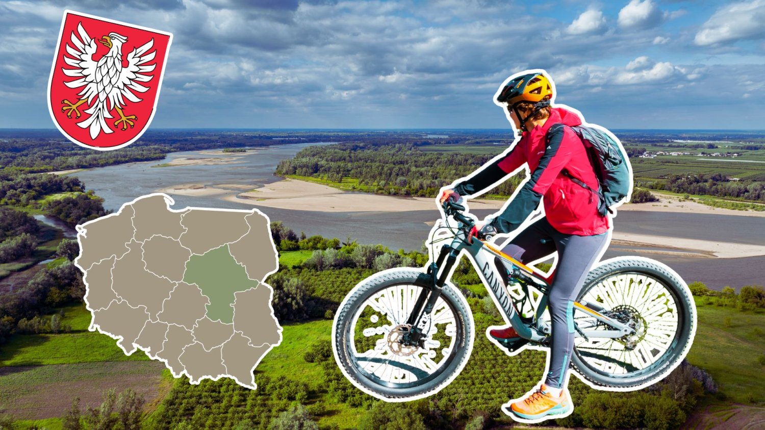 Rowerzystka, herb woj. mazowieckiego, mapa Polski i krajobraz z rzeką. Rowerowy wypad na Mazowszu? To najładniejsze i najciekawsze mazowieckie trasy rowerowe