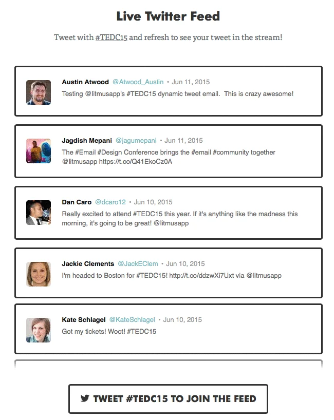 Fragment newslettera serwisu Litmus z feedem Twitterowym