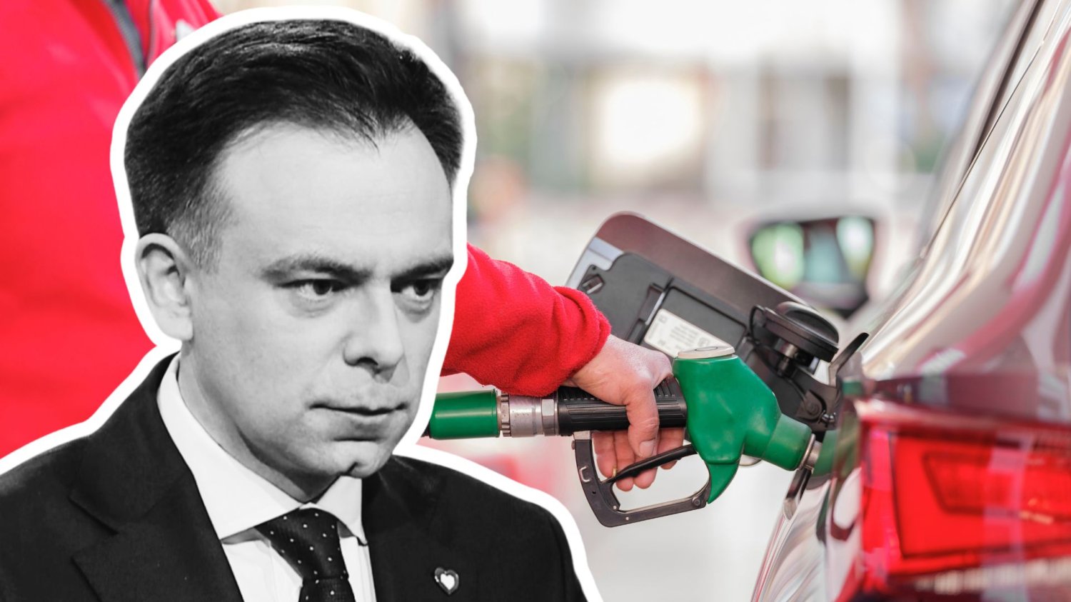 Andrzej Domański na tle dystrybutora z paliwem