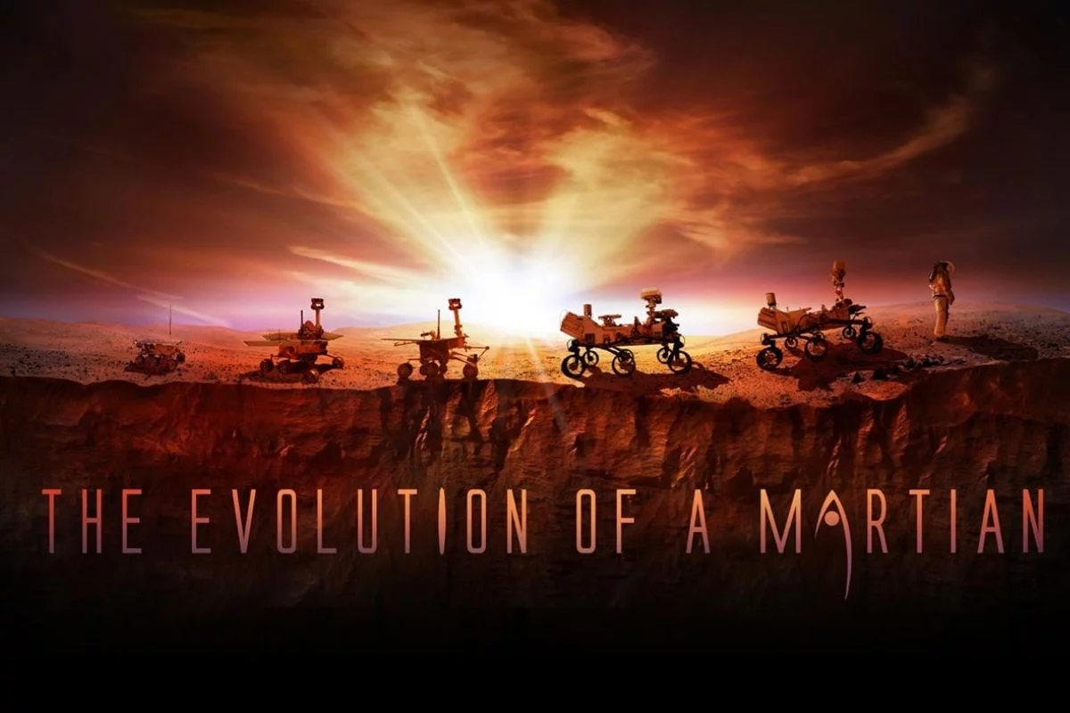 Stworzona dla NASA grafika przedstawiająca "ewolucję Marsjanina": przedstawione są tam kolejno wszystkie generacje marsjańskich łazików – a kulminacją ich pracy jest pierwszy człowiek na Czerwonej Planecie.