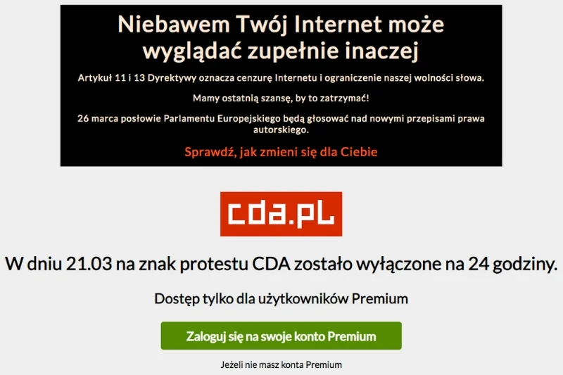 Serwis CDA.pl wyłączył się na 24 godziny w ramach protestu przeciwko tzw. ACTA 2.