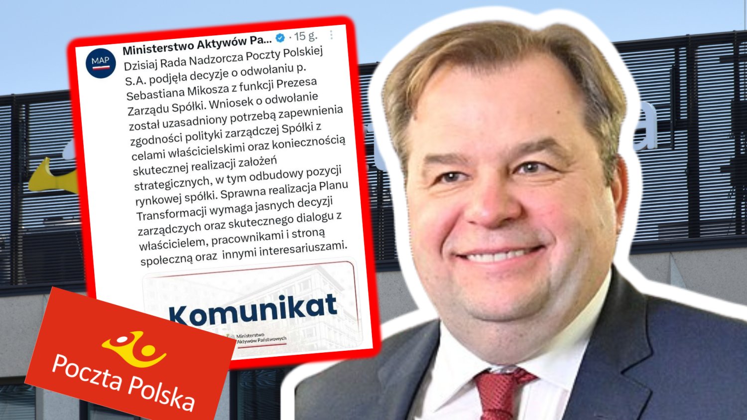 Prezes Poczty Polskiej odwołany, reakcje są ostre. "Nareszcie" mówią związkowcy Sebastian Mikosz, prezes Poczty Polskiej. Decyzja o odwołaniu prezesa. w tle logo poczty polskiej