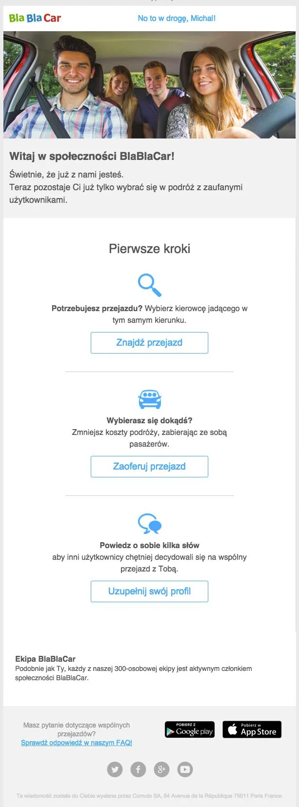 Wiadomość powitalna serwisu BlaBlaCar