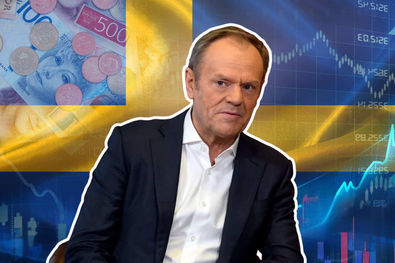 Donald Tusk. W tle flaga Szwecji i szwedzka waluta.