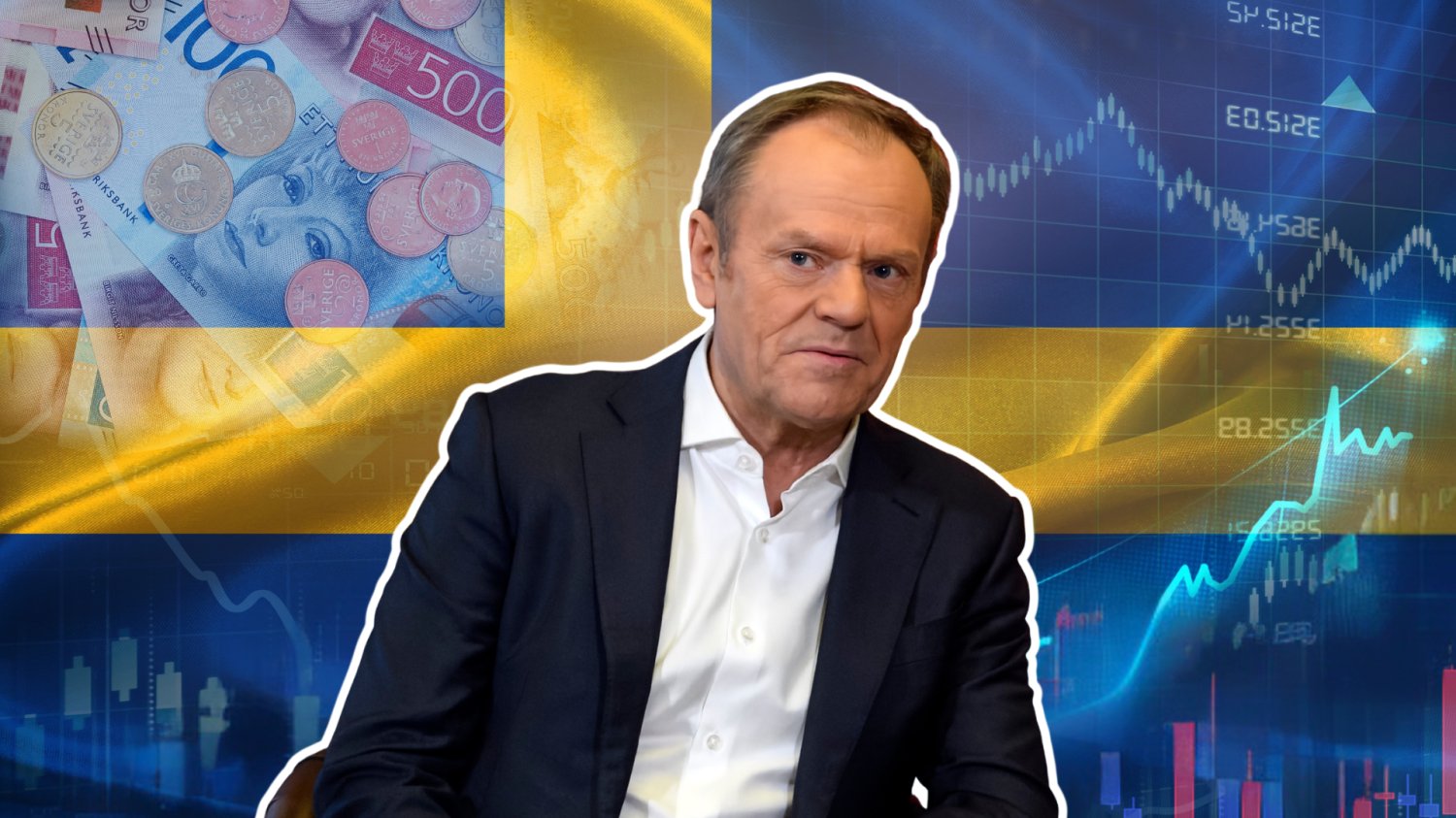 Donald Tusk. W tle flaga Szwecji i szwedzka waluta.