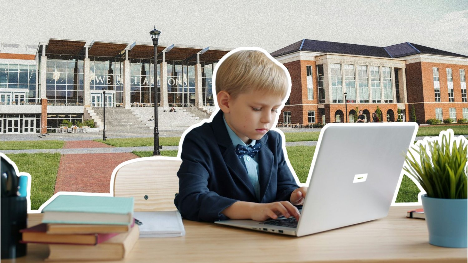 Chłopiec siedzi przy biurku i korzysta z laptopa, budynek nowoczesnej szkoły.