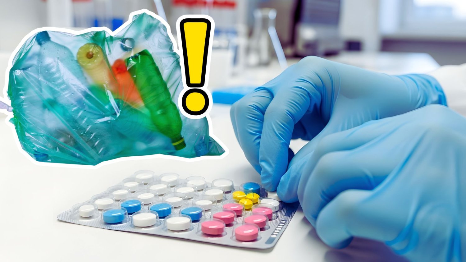 Farmaceuta z lekami w aptece, worek z plastikowymi butelkami, wykrzyknik.