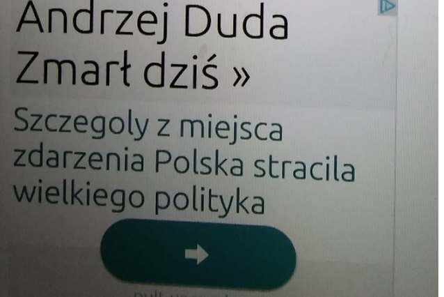 Informacja o tragicznej śmierci prezydenta, która odsyła do strony firmy ochroniarskiej z Rosji.