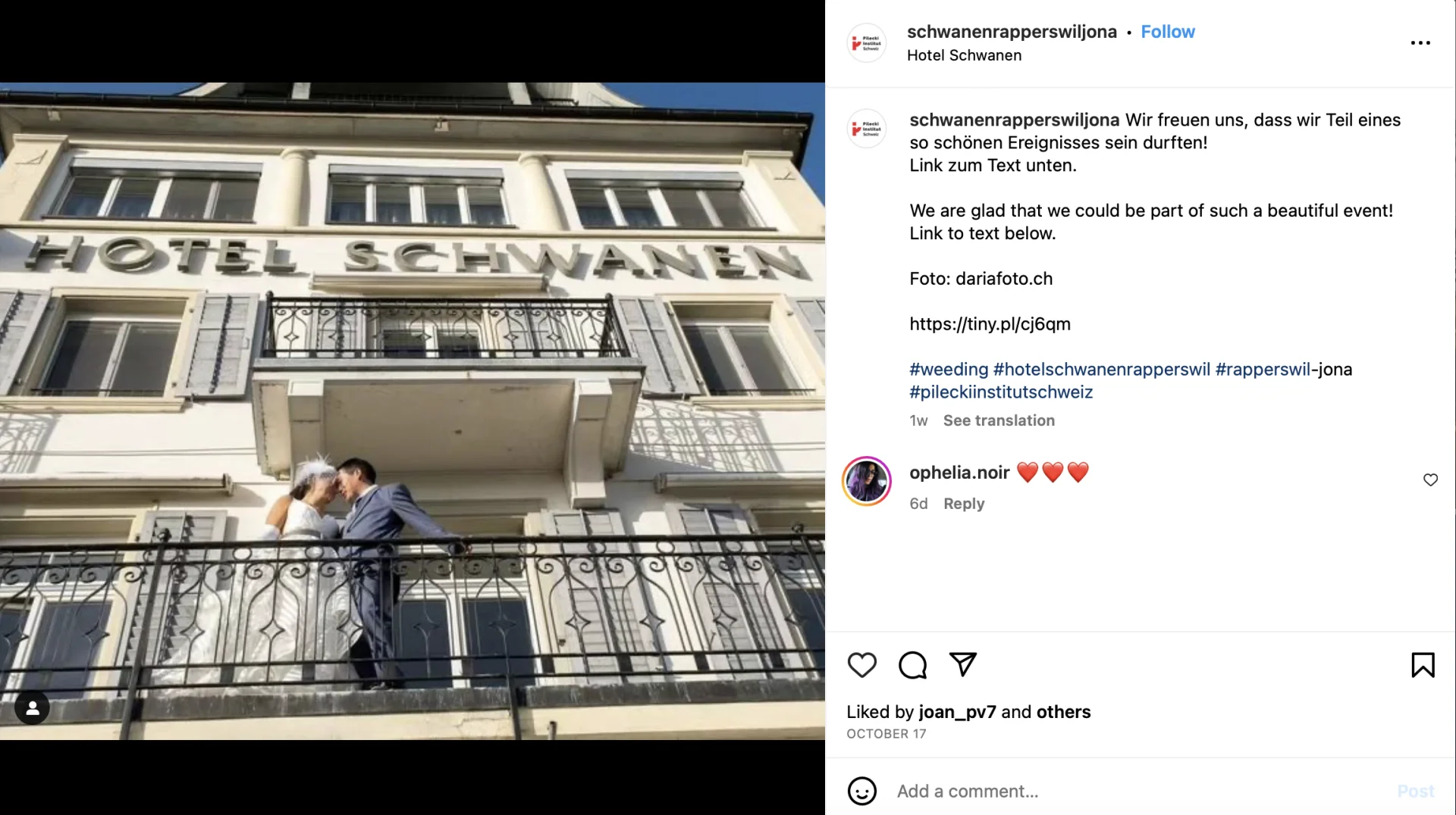 Screen postu na Instagramie, w którym Instytut chwali się zorganizowanym weselem Screen postu na Instagramie, w którym Instytut chwali się zorganizowanym weselem