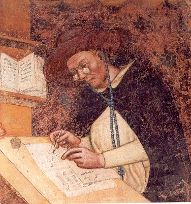 Portret kardynała Hugues de Saint-Cher z 1352, autorstwa Tommaso da Modena, pierwsze znane przedstawienie okularów.