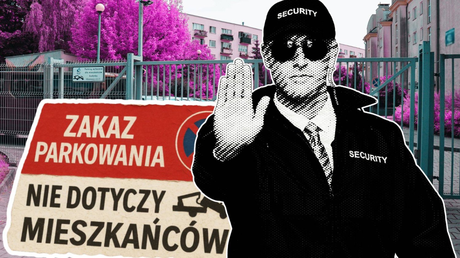 Osoba z wyciągniętą dlonią sygnalizująca, by się zatrzymać. Za nią plansza z napisem "Zakaz parkowania" Nie dotyczy mieszkańców".