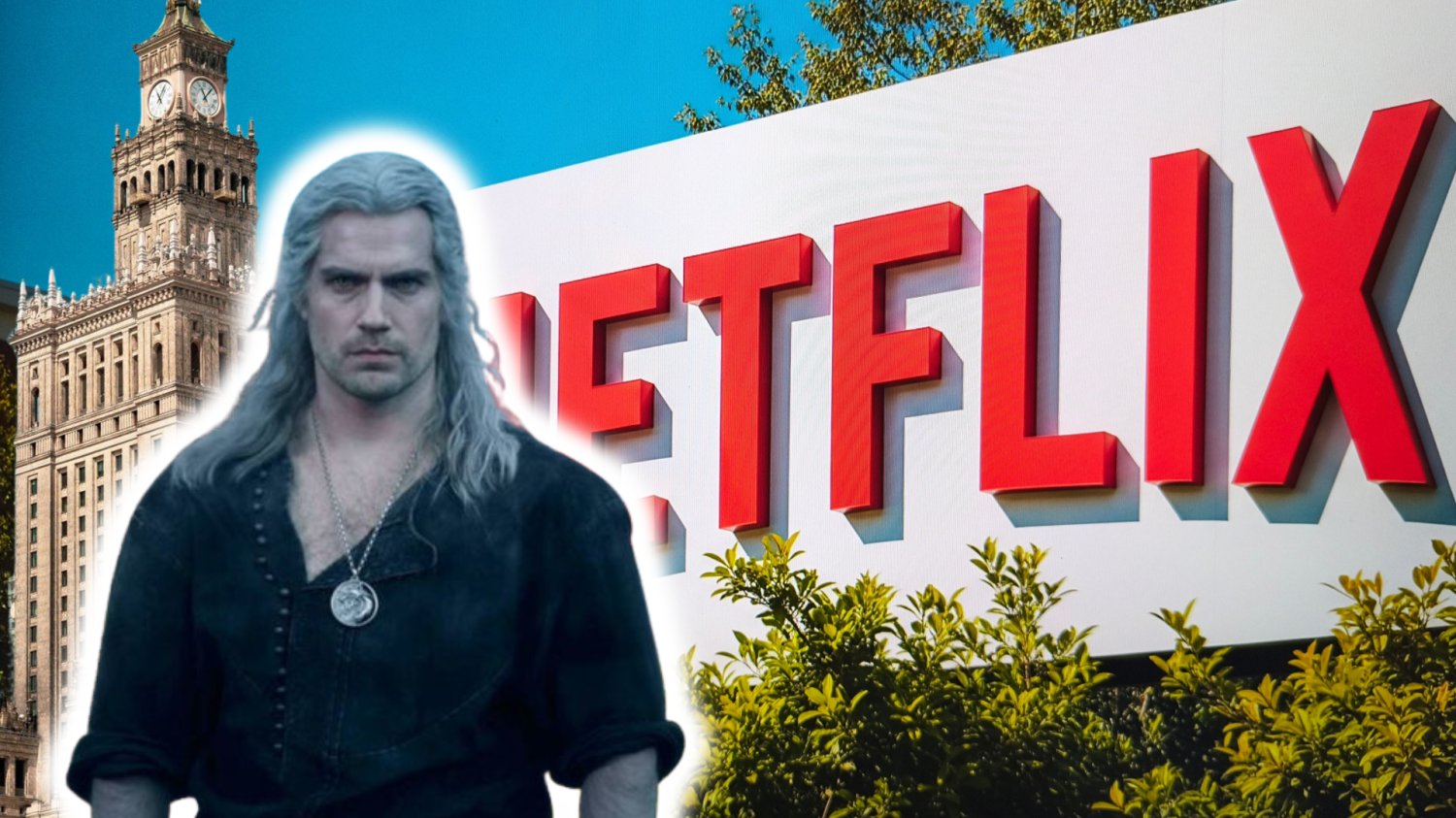 Netflix otwiera hub technologiczny w Warszawie. Polska przyciąga uwagę gigantów Geralt z Rivii, Wiedźmin. W tle budynek Netflixa z wielkim logo i Pałac Kultury i Nauki w Warszawie.