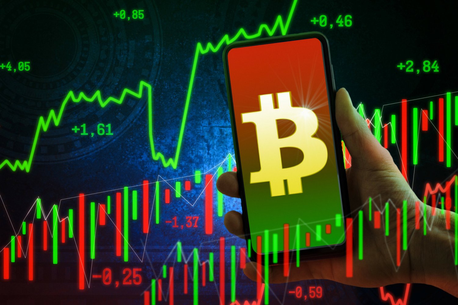 Symbol bitcoin na tle wykresów.