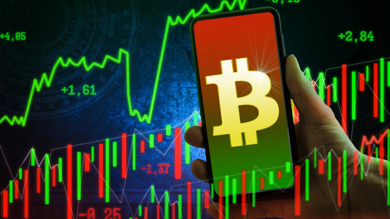 Symbol bitcoin na tle wykresów.