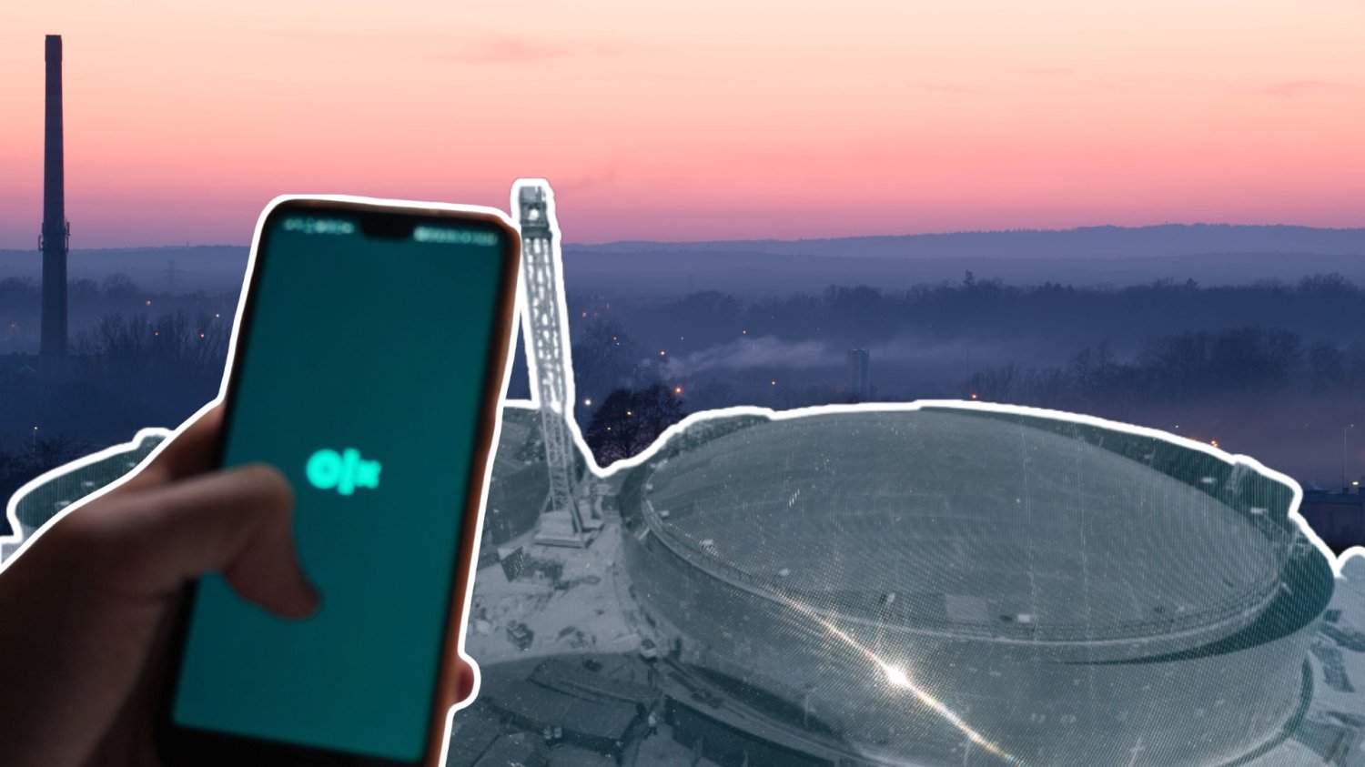 Ręka z telefonem, OLX i infrastruktura paliwowa na tle panoramy Zagania. PERN wyjaśnia kontrowersyjną ofertę.