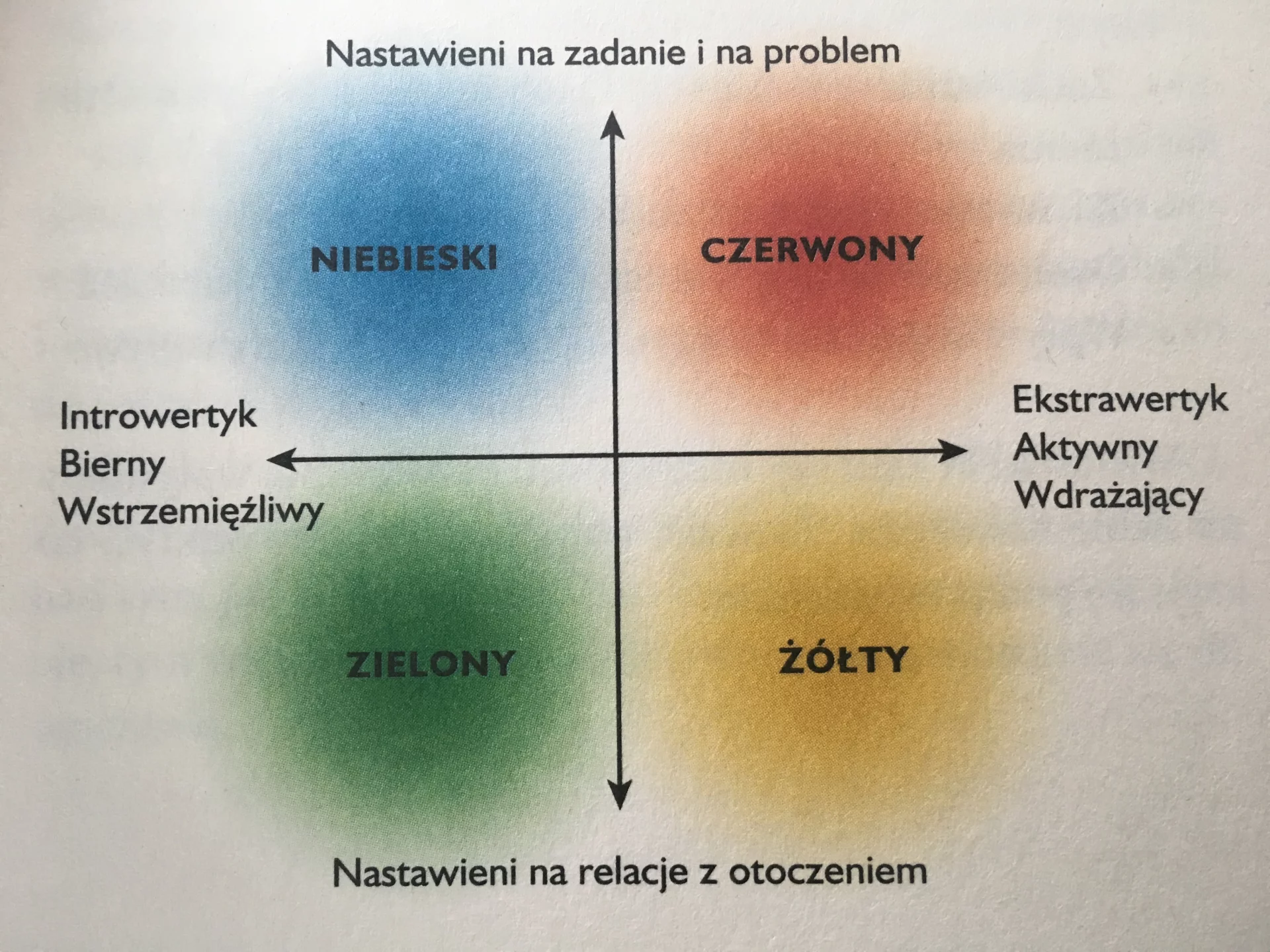 Jedne kolory są ekstrawertyczne, inne introwertyczne. Dodatkowo niektóre kolory są nastawione na relację z otoczeniem, inne na zadanie.
