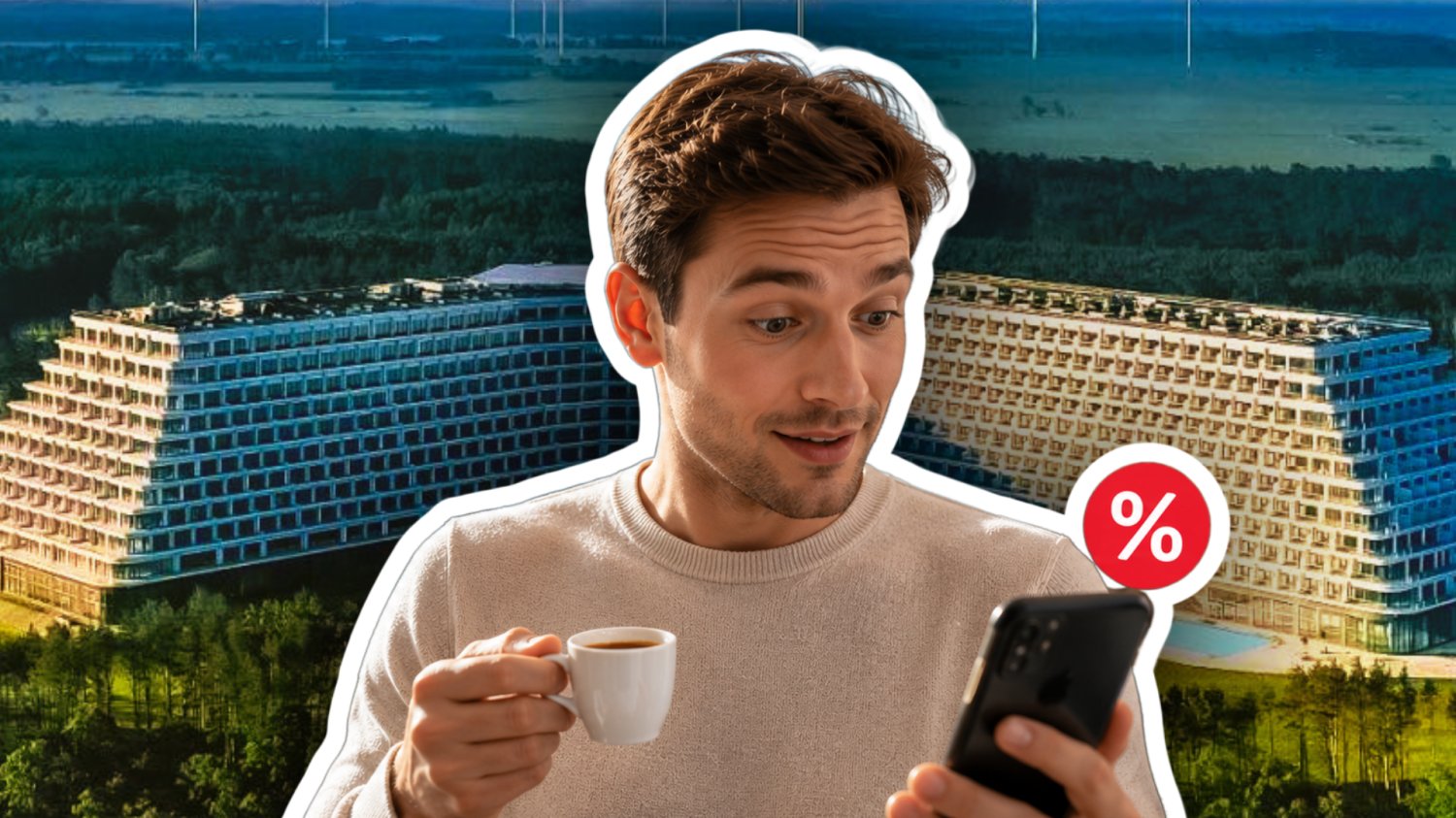 Hotel Gołębiewski już zmienia własny cennik. Bałtycki kolos spuszcza z tonu Mężczyzna z kawą i telefonem patrzący na obniżenie oferty Hotelu Gołębiewskiego. W tle Hotel Gołębiewski w Pobierowie.