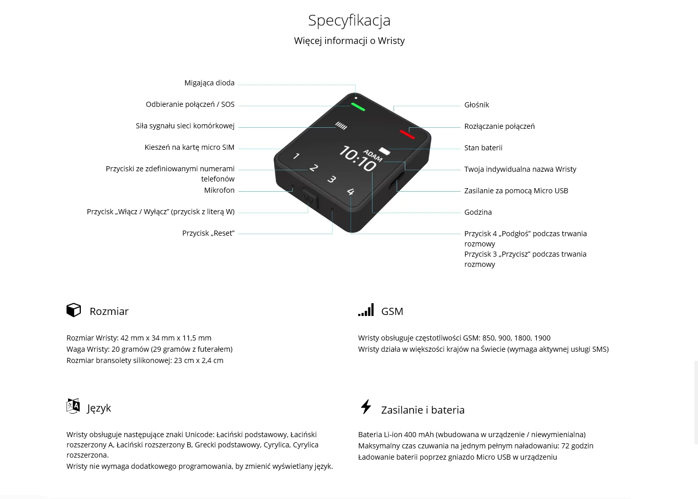 Specyfikacja telefonu wristy