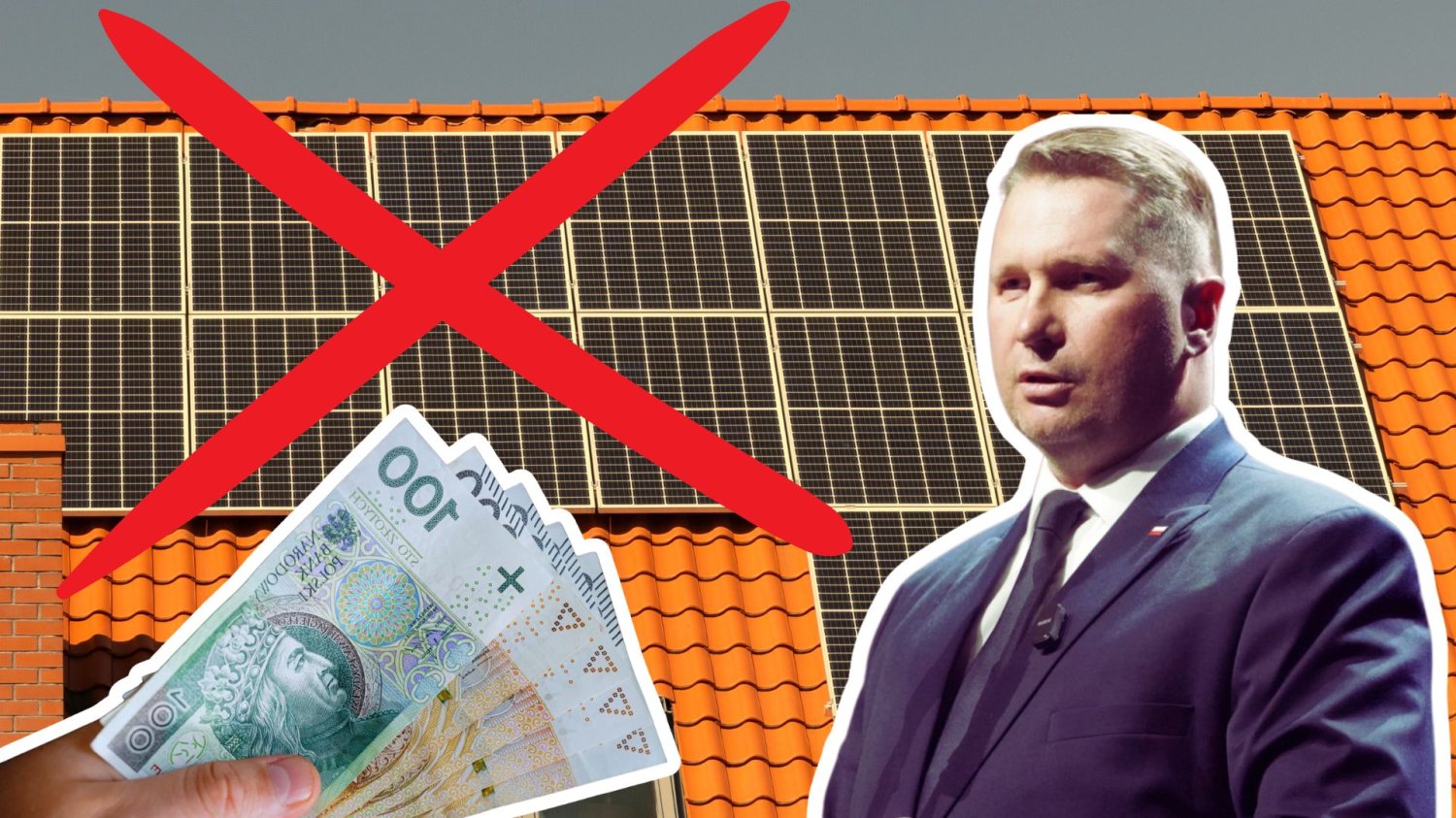 Przekreślone panele fotowoltaiczne na dachu, Przemysław czarnek oraz ręka z polskimi banknotami. Czarnek atakuje OZE, choć sam ma panele. Majątek kandydata PiS na premiera się nie zgadza