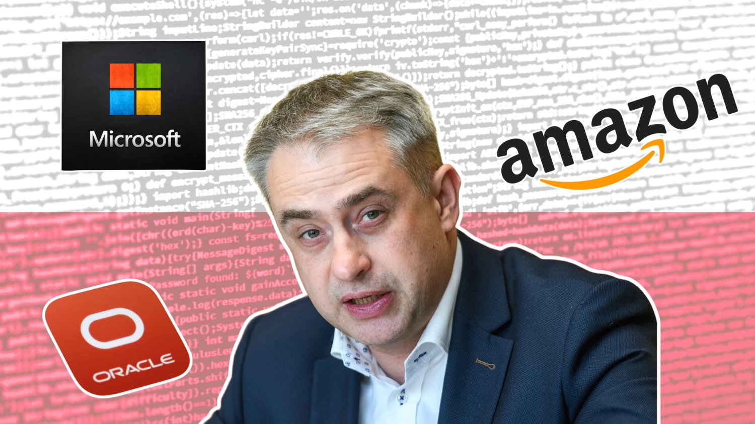 Minister Cyfryzacji w Polsce. W tle flaga polski z wygenerowanym kodem. Logo Microsoft, Amazon i Oracle.