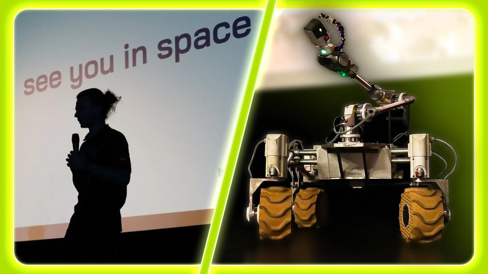 Grafika: po jednej stronie sylwetka człowieka na tle nieba z napisem "Do zobaczenia w kosmosie", a po drugiej łazik marsjański. Czy polskie roboty polecą w kosmos?