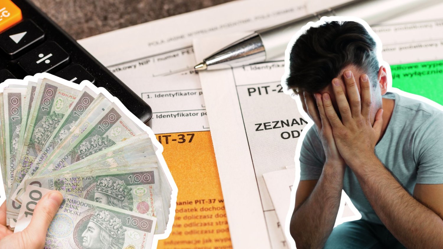 Zapomniałeś o rozliczeniu PIT lub innego podatku? Złóż czynny żal i uratuj swój portfel Załamany człowiek, kartki z podatkiem PIT, kalkulator, długopis i ręka z polskimi banknotami. Nie rozliczyłeś się z skarbówką? Złóż czynny żal i uratuj swój portfel