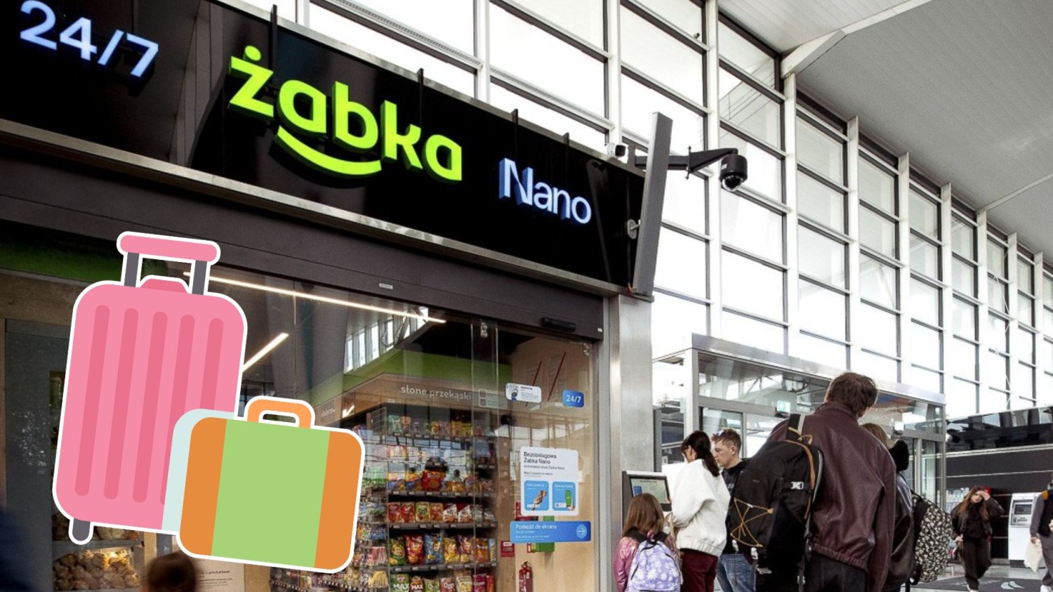 Żabka Nano na lotnisku we Wrocławiu. Ekspresowe zakupy bez skanowania czas start. Żabka Nano na lotniku, podróżni robią zakupy.