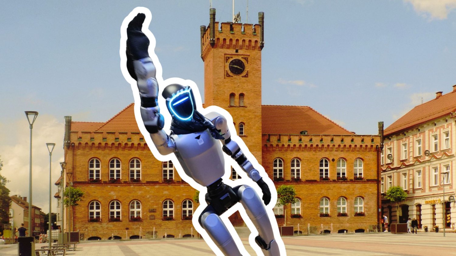 Humanoidalny robot na usługach powiatu. W Szczecinku chcą mieć własnego Edka Warchockiego robot na tle szczecineckiego ratusza