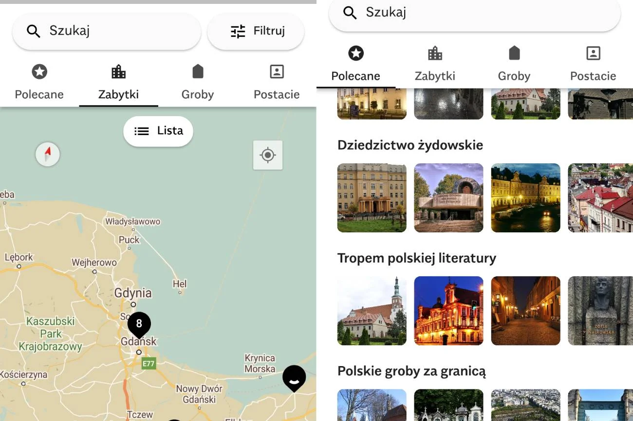 Zrzuty ekrany z aplikacji MonumentApp.
