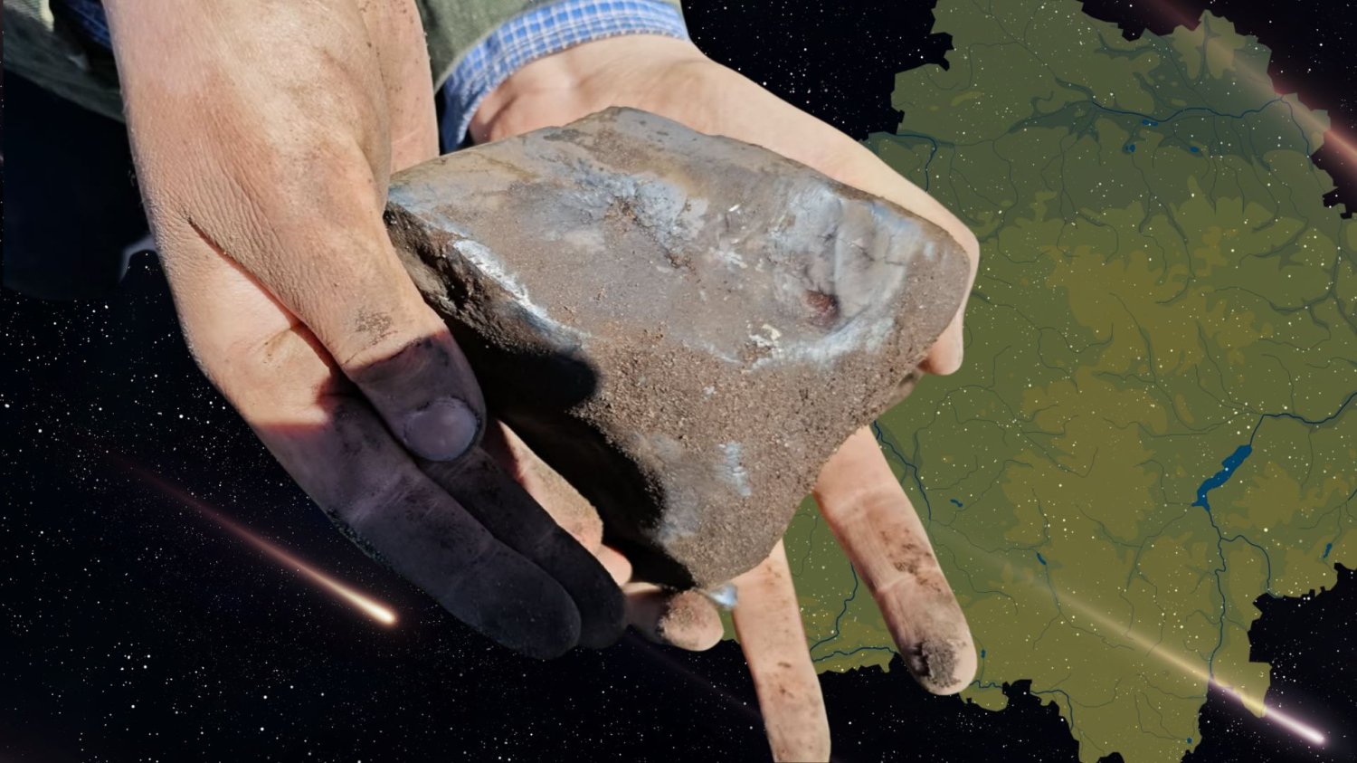 Meteoryt Zadzim na tle mapy woj. łódzkiego i spadających bolidów.