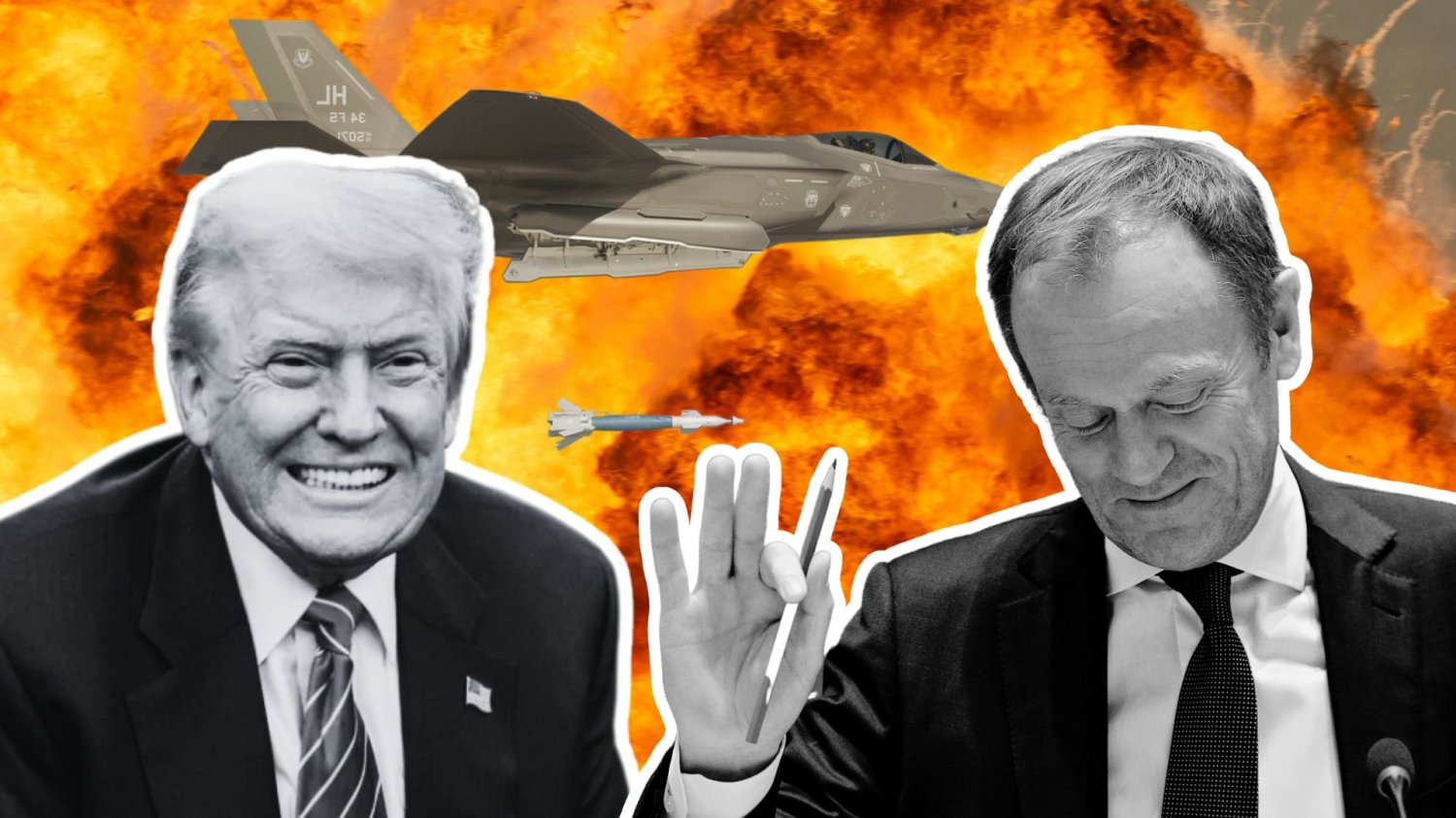 Trump się obraził, Tusk się wściekł. Mamy drżeć o bezpieczeństwo czy kupić popcorn? Donald Trump i Donald Tusk na tle odpalającego pocisk samolotu F-35