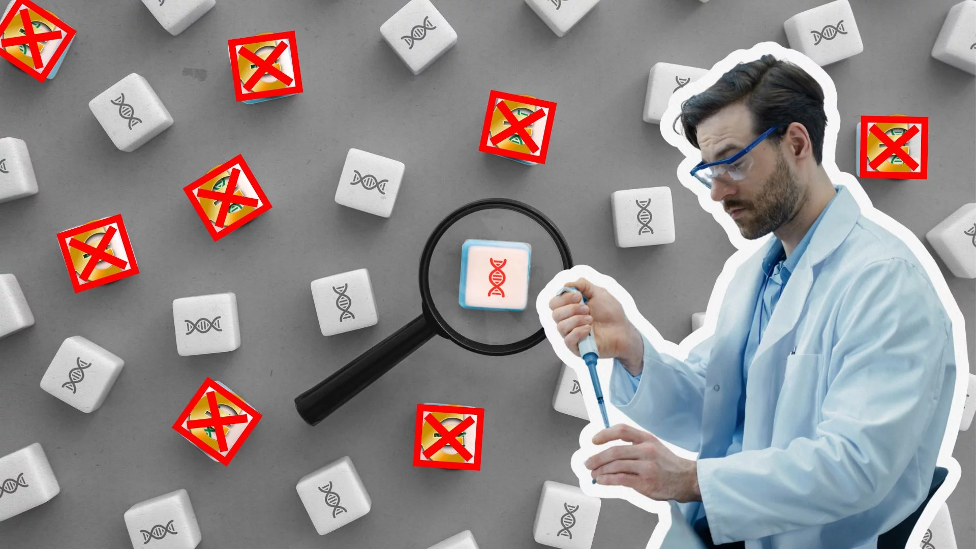 Genetyk na tle klocków z genami oraz przekreślonym symbolem euro. Polacy mogą wyleczyć ultrarzadką chorobę, ale nie mają na to środków.