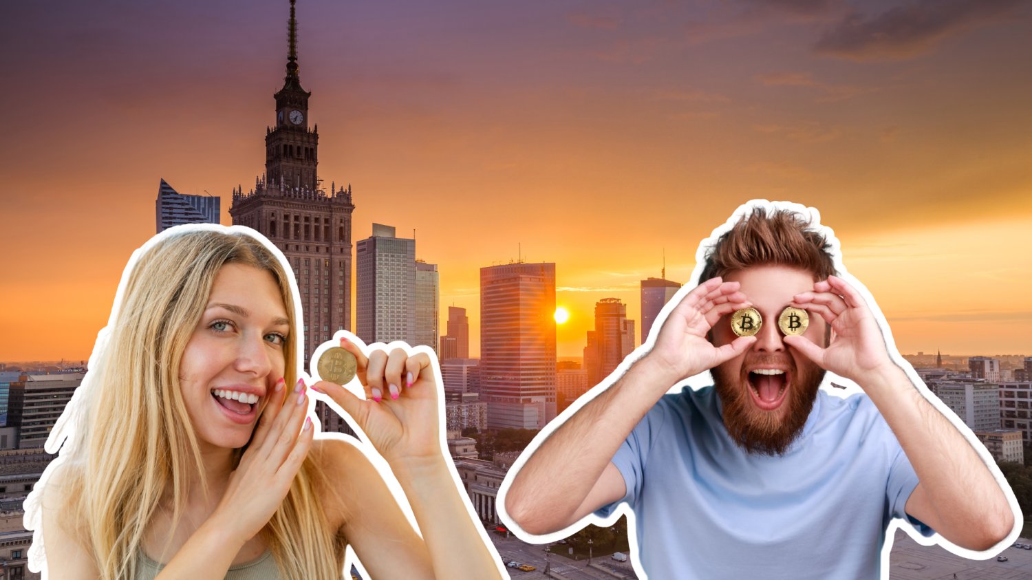 Warszawa, młodzi ludzie pokazują bitcoina.