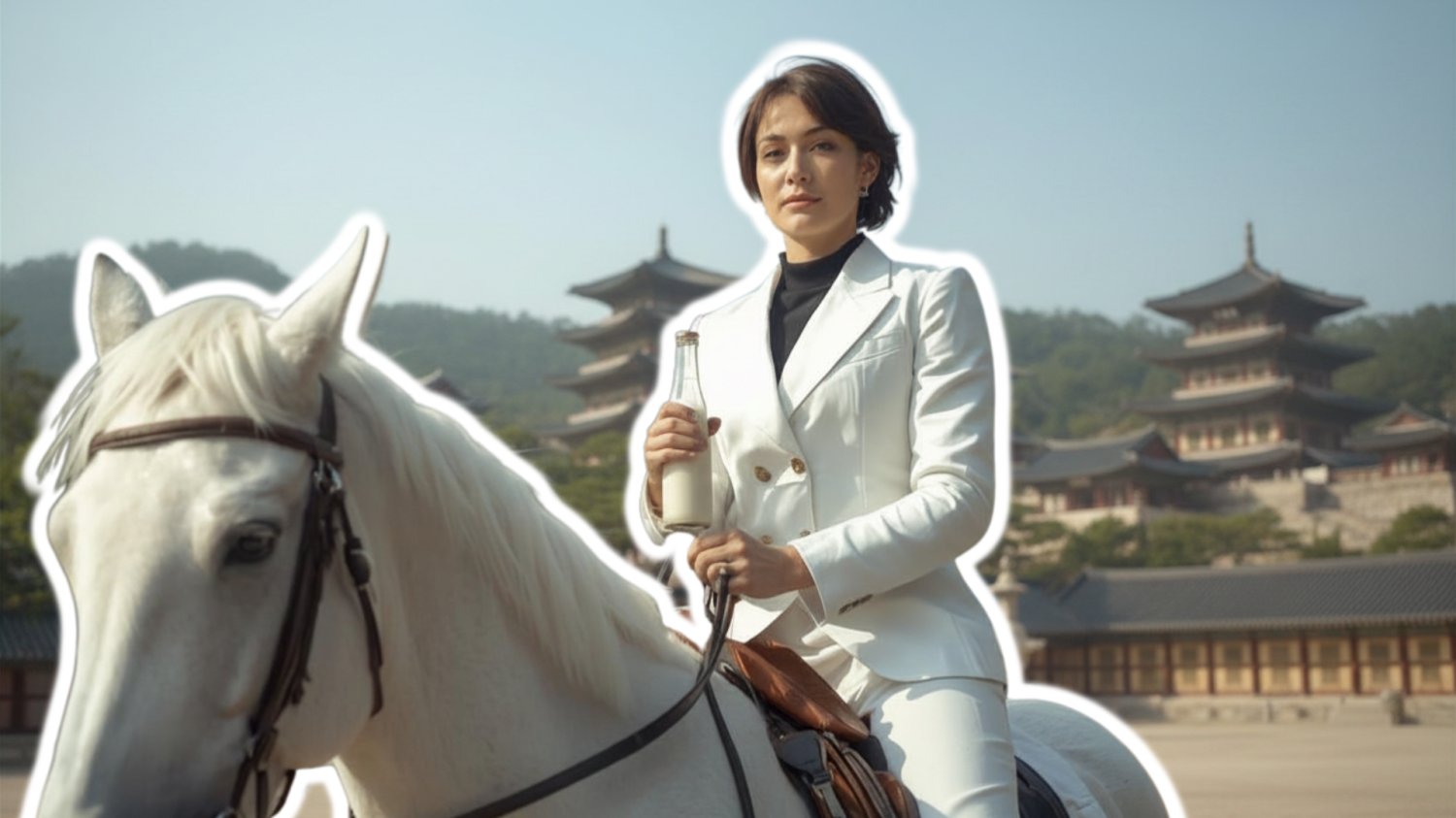 Korea otwiera się na polski nabiał. Wjeżdżamy cali na biało do Seulu Kobieta z butelką mleka siedząca na białym koniu, ubrana cała na biało i wjeżdża do Seulu.