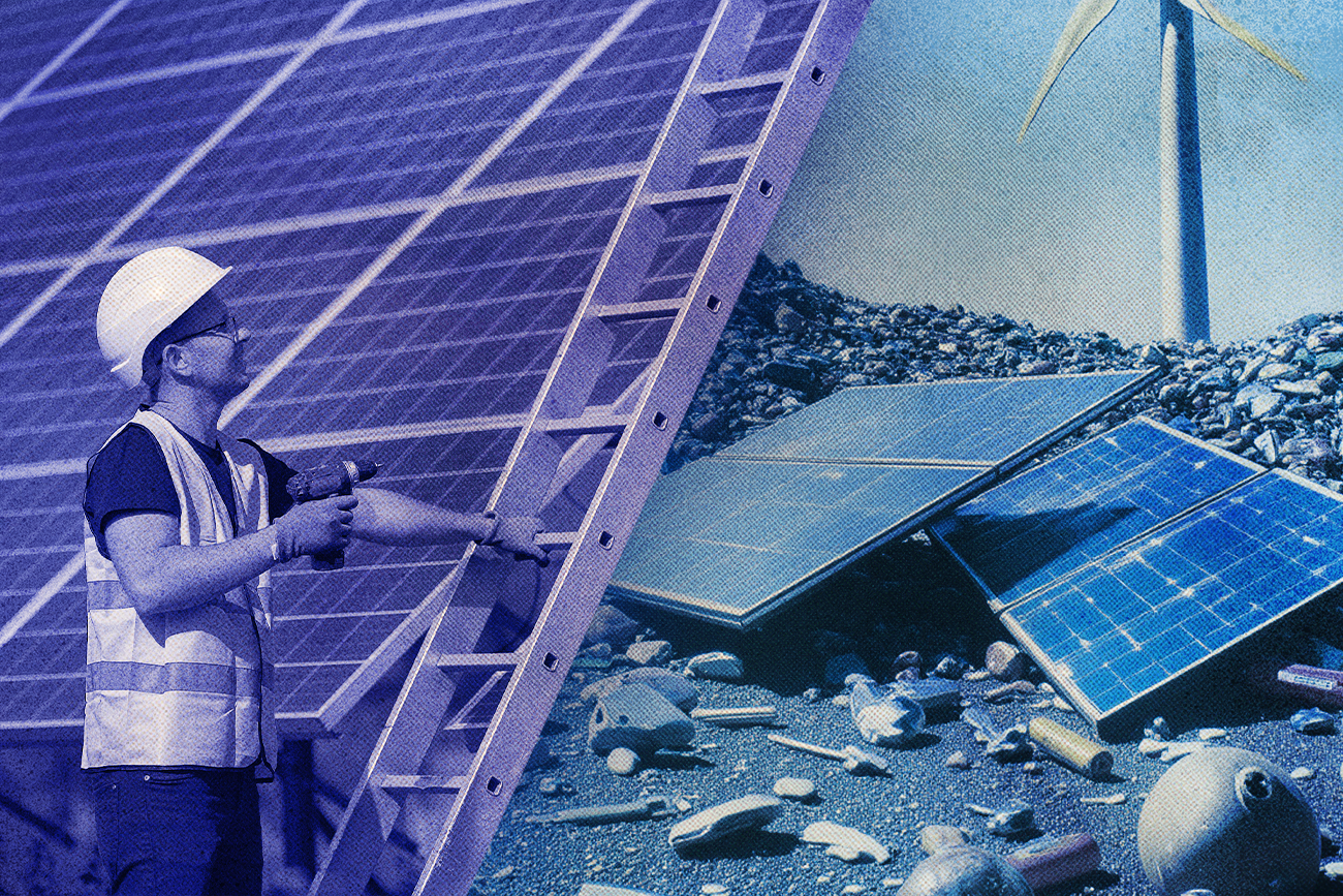 Monter paneli fotowoltaicznych i wysypisko śmieci.