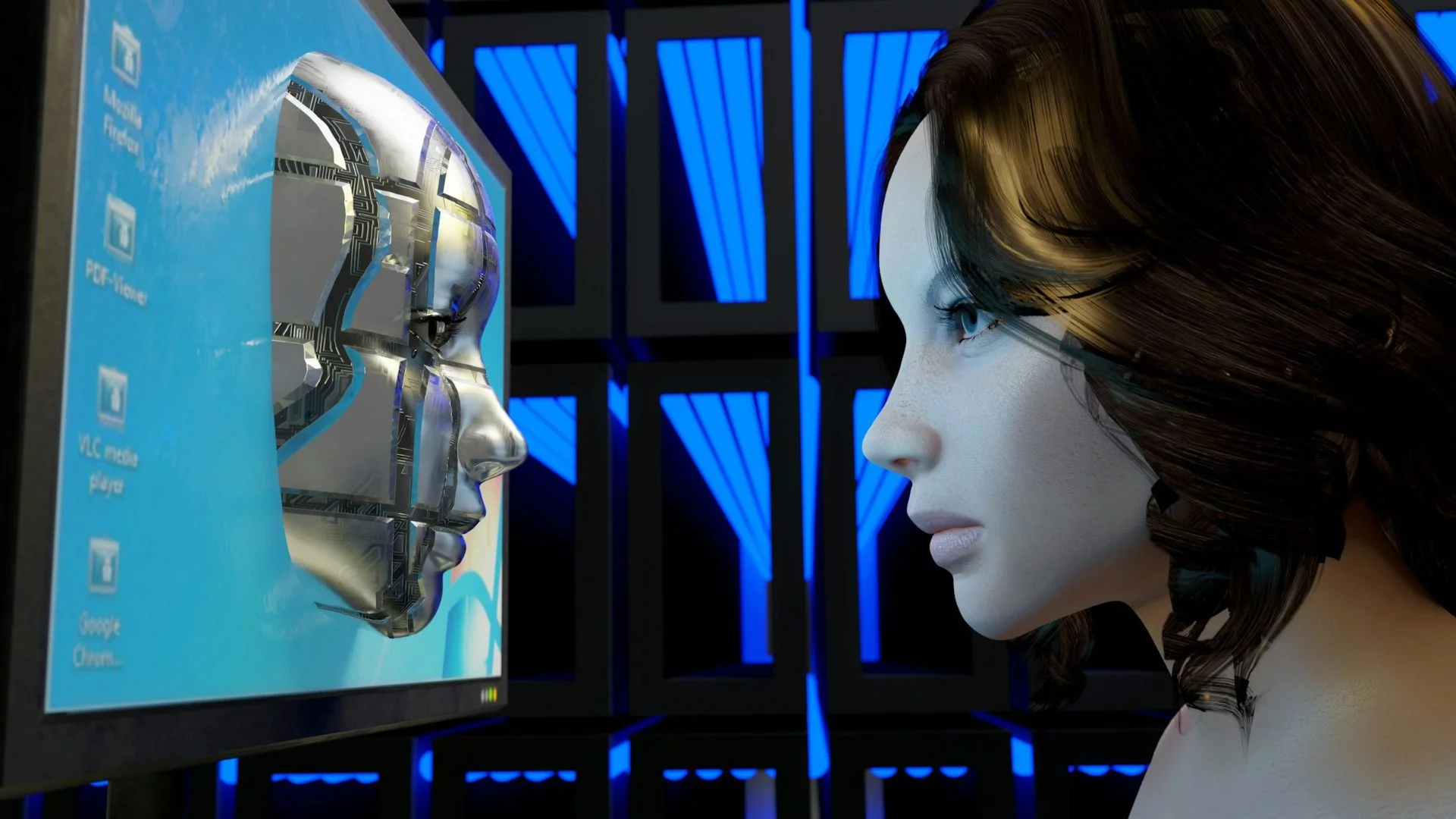 Grafika przedstawiająca kobietę zbliżającą twarz do ekranu, z którego wychodzi postać.