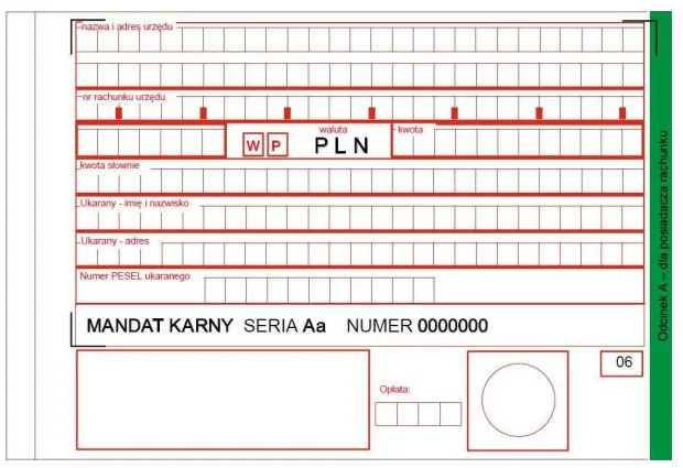Wzór formularza mandatu karnego - odcinek A zawarty w Rozporządzeniu Prezesa Rady Ministrów z dnia 4 września 2017 r. zmieniającego rozporządzenie w sprawie nakładania grzywien w drodze mandatu karnego