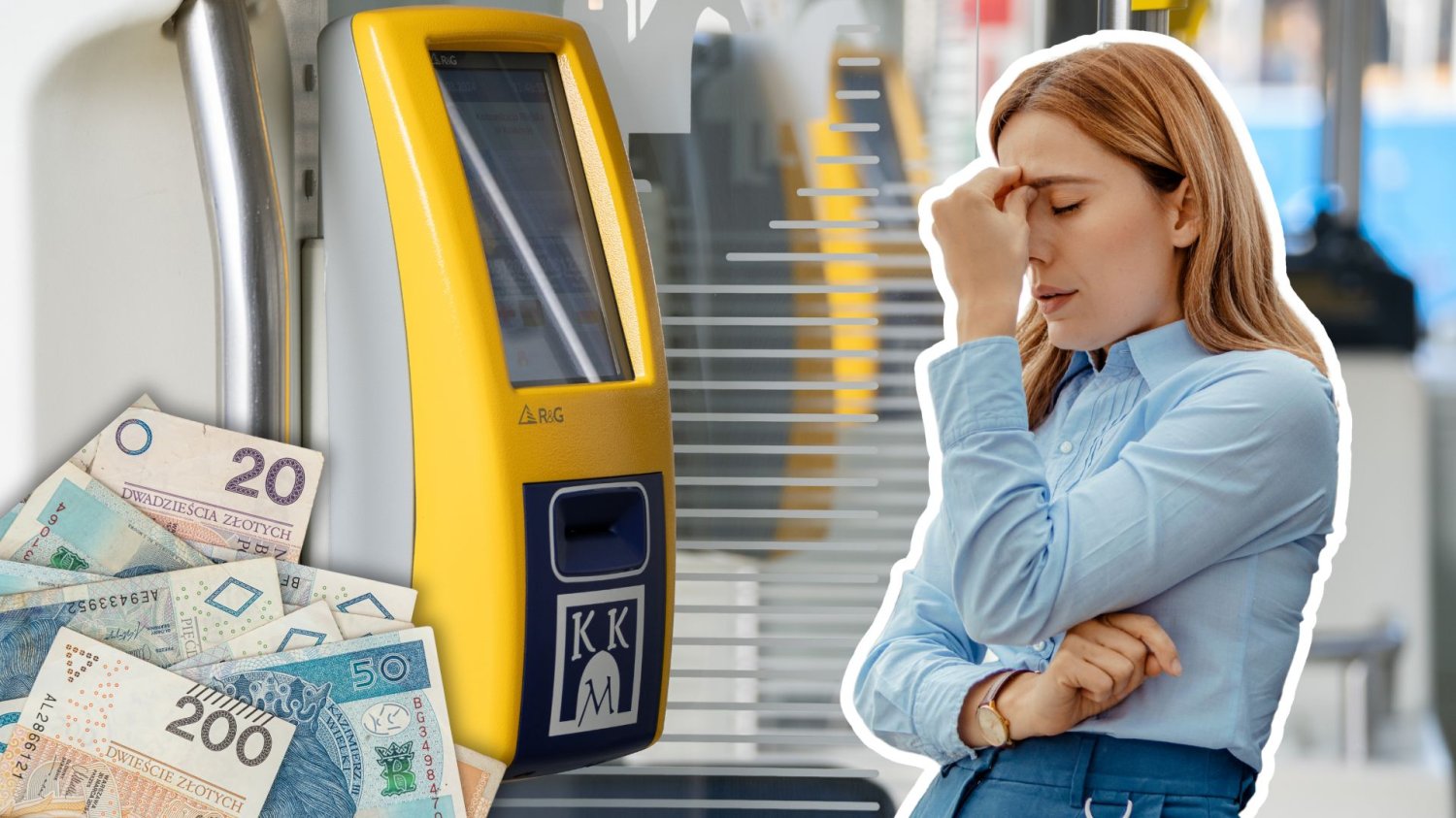 Kasownik w krakowskim tramwaju, pieniądze, kobieta.