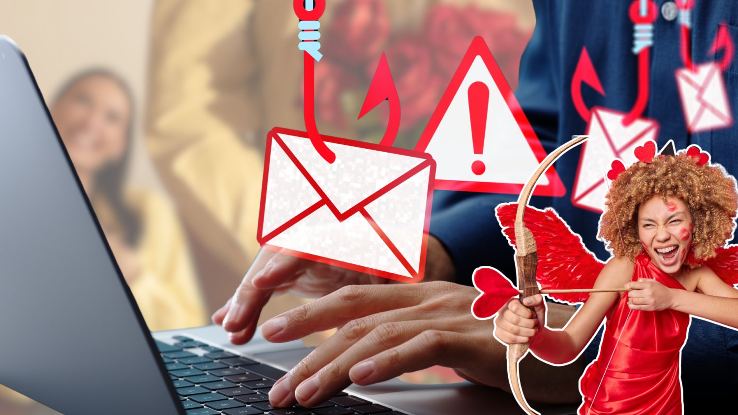 Prezenty na Walentynki i zagrożenia. Amor celuje w serce, cyberoszust w twoje oszczędności W tle mezczyzna daje kobiecie walentynkowy prezent. Z przodu mezczyzna obsluguje laptop i okrada kogos przez internet. Kobieta przebrana za Amora z czerwonymi skrzydlami i łukiem w kształcie serca.