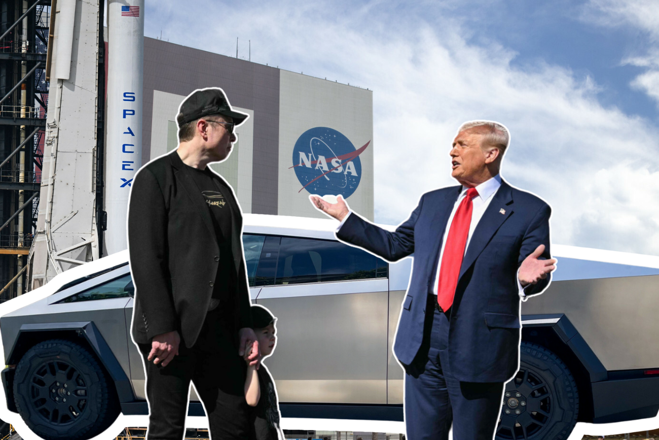 Elon Musk, Donald Trump, SpaceX i Tesla na tle NASA.