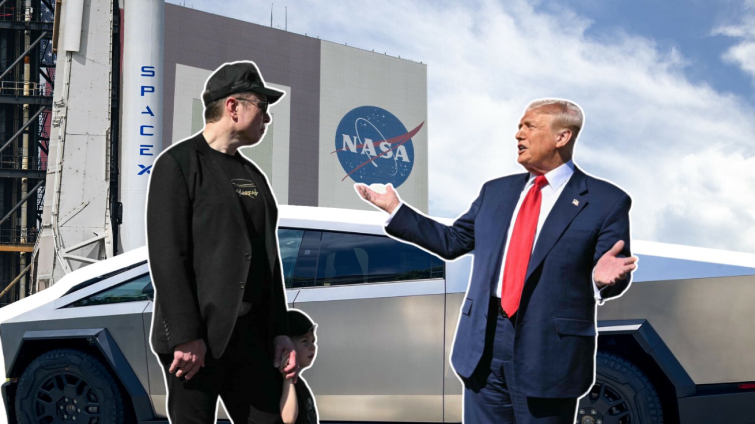 Elon Musk, Donald Trump, SpaceX i Tesla na tle NASA.