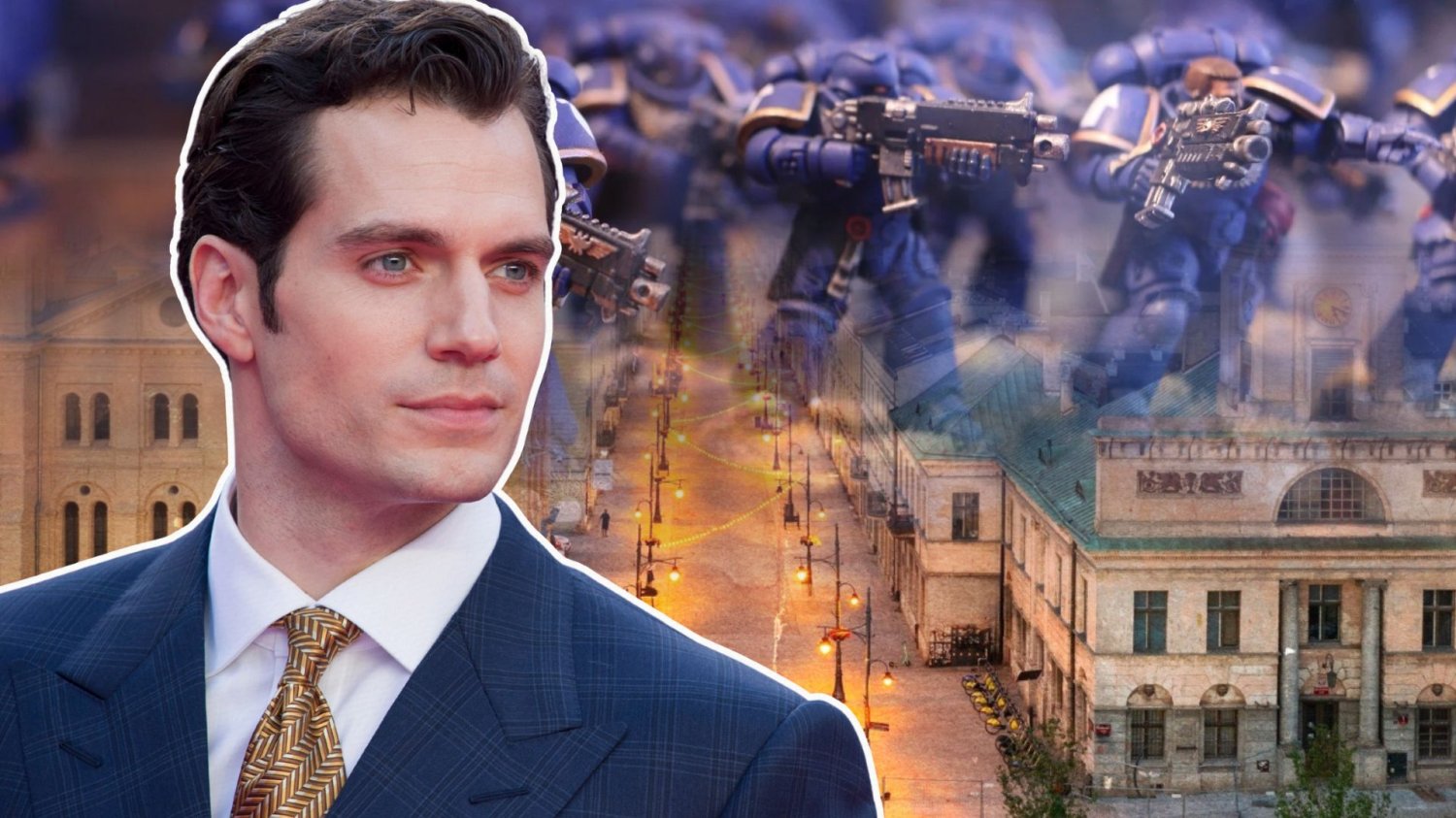 Henry Cavill na tle Łodzi i figurek marines z Warhammera 40k.