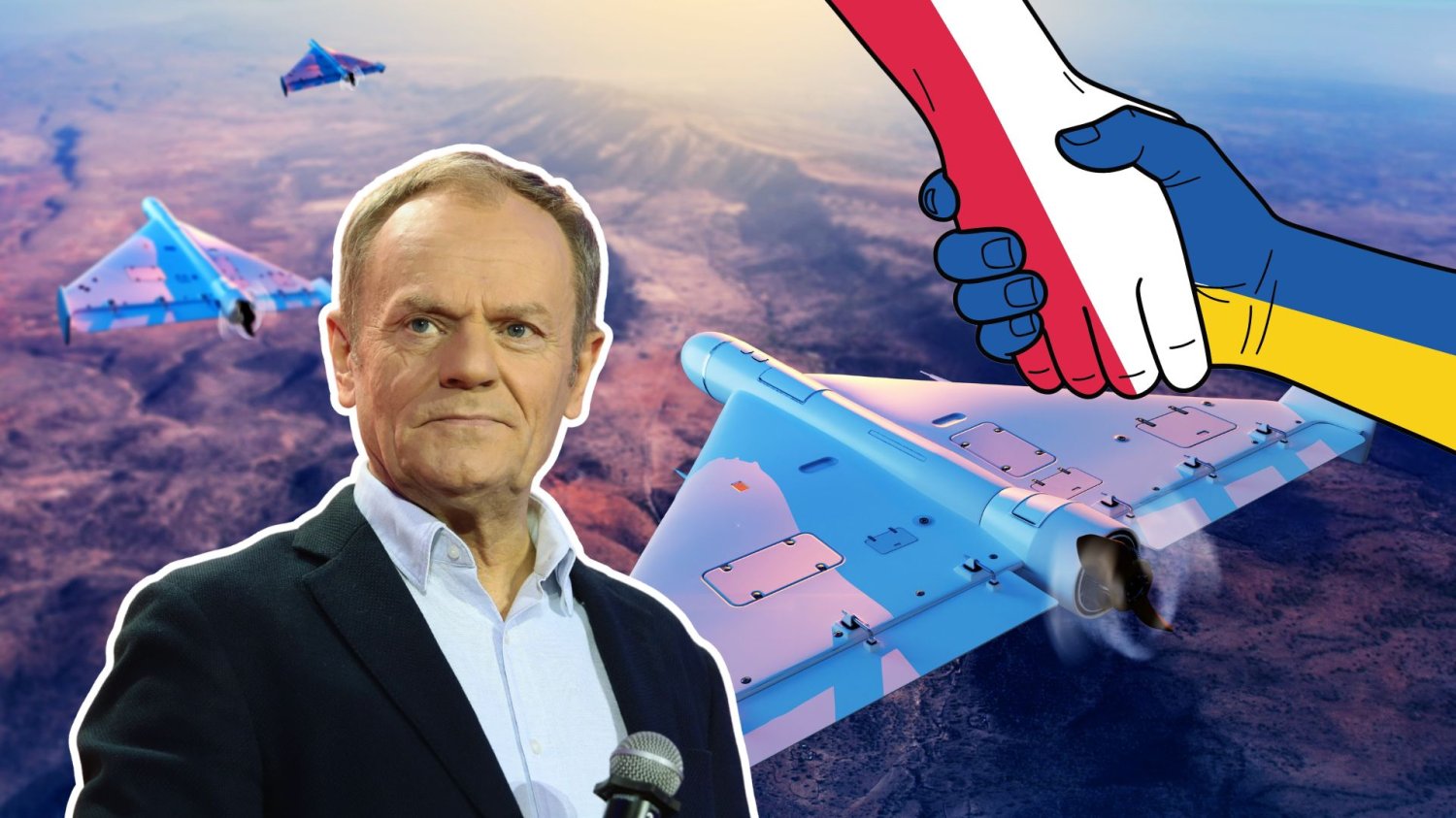 Drony, Donald Tusk, oraz uścisk rąk z flagami Polski i Ukrainy. Tusk zapowiedział budowę floty dronów. Dzięki ukraińskiemu wsparciu nasze niebo będzie bezpieczne