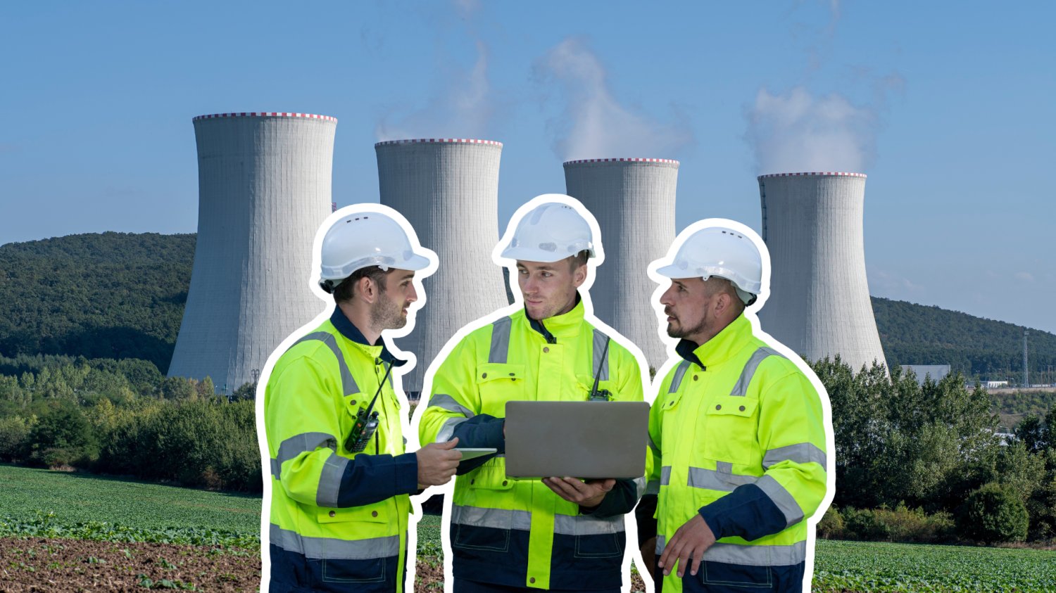 Elektrownia atomowa i pracownicy elektrowni.