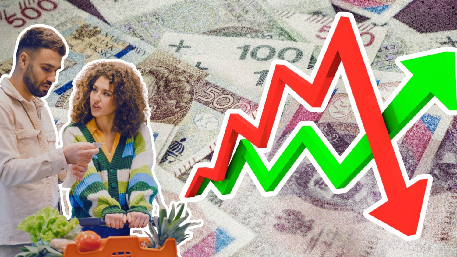 Strach Polaków przed drożyzną spadł o połowę. Majowe dane GUS są jak głęboki oddech Para przy wózku sklepowym, czerwona strzałka w dół i zielona w górę, polskie banknoty. GUS pokazał, czego boją się nasze portfele. Wiosna ścięła obawy o ceny