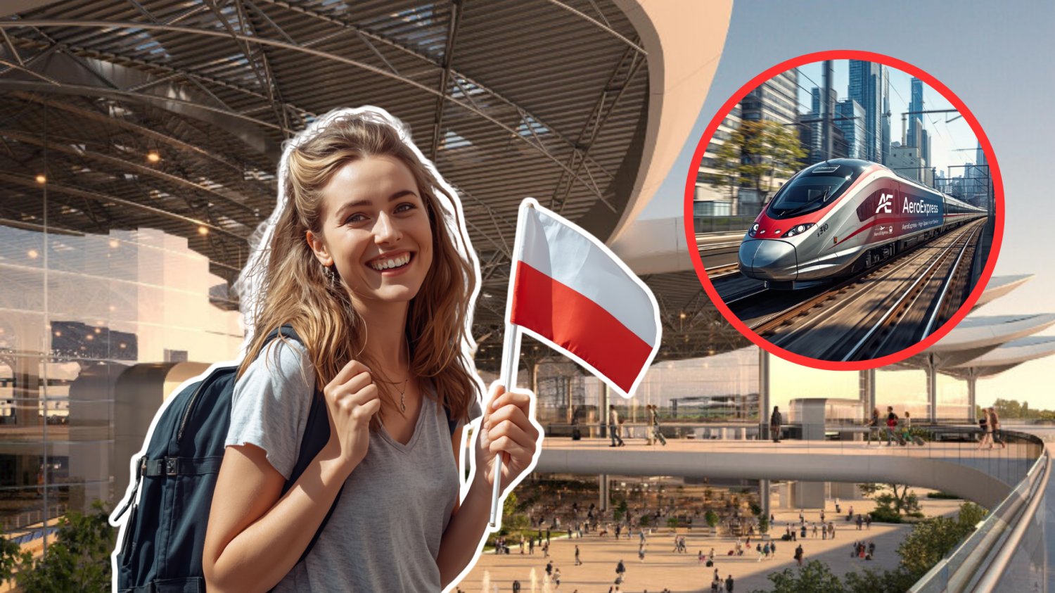 Kobieta, turystka z flagą Polski. W tle Port Polska i nowy pociąg AeroExpress, ale jako wizualizacja