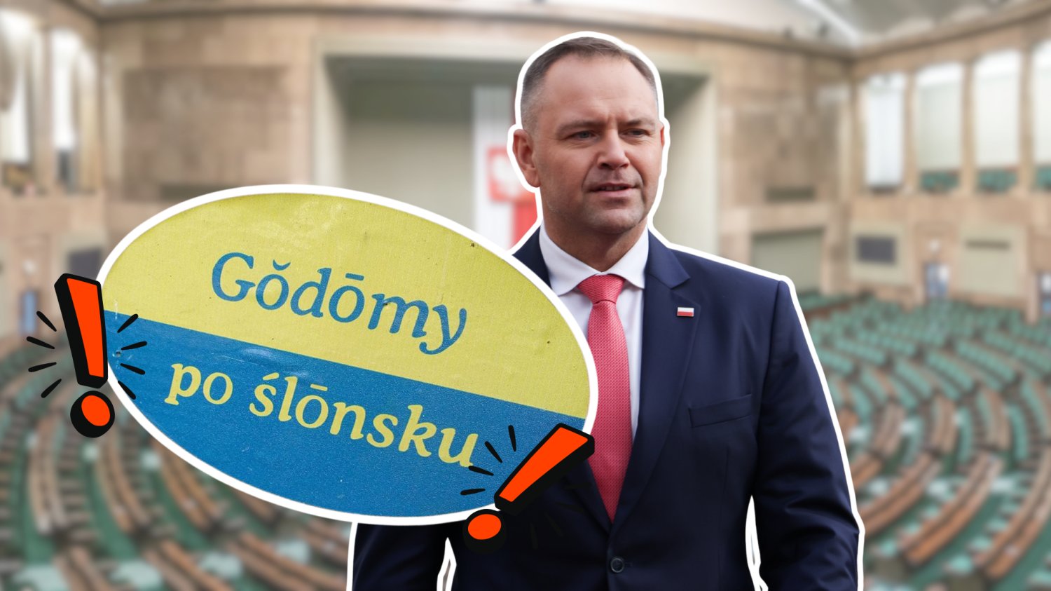 Prezydent zawetował język śląski. "Żodyn folklor, ino ślōnsko godka" W tle sala sejmowa. Na pierwszym planie Karol Nawrocki - prezydent Polski. Napis Godomy po Slonsku i dwa wykrzykniki.