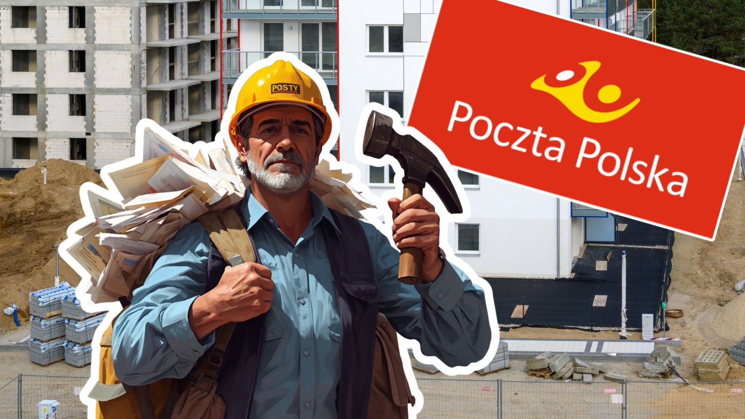 Listonosz z plecakiem pełnym listów, w kasku ochronnym i młotkiem. W tle budowa nowego osiedla i logo poczta polska.