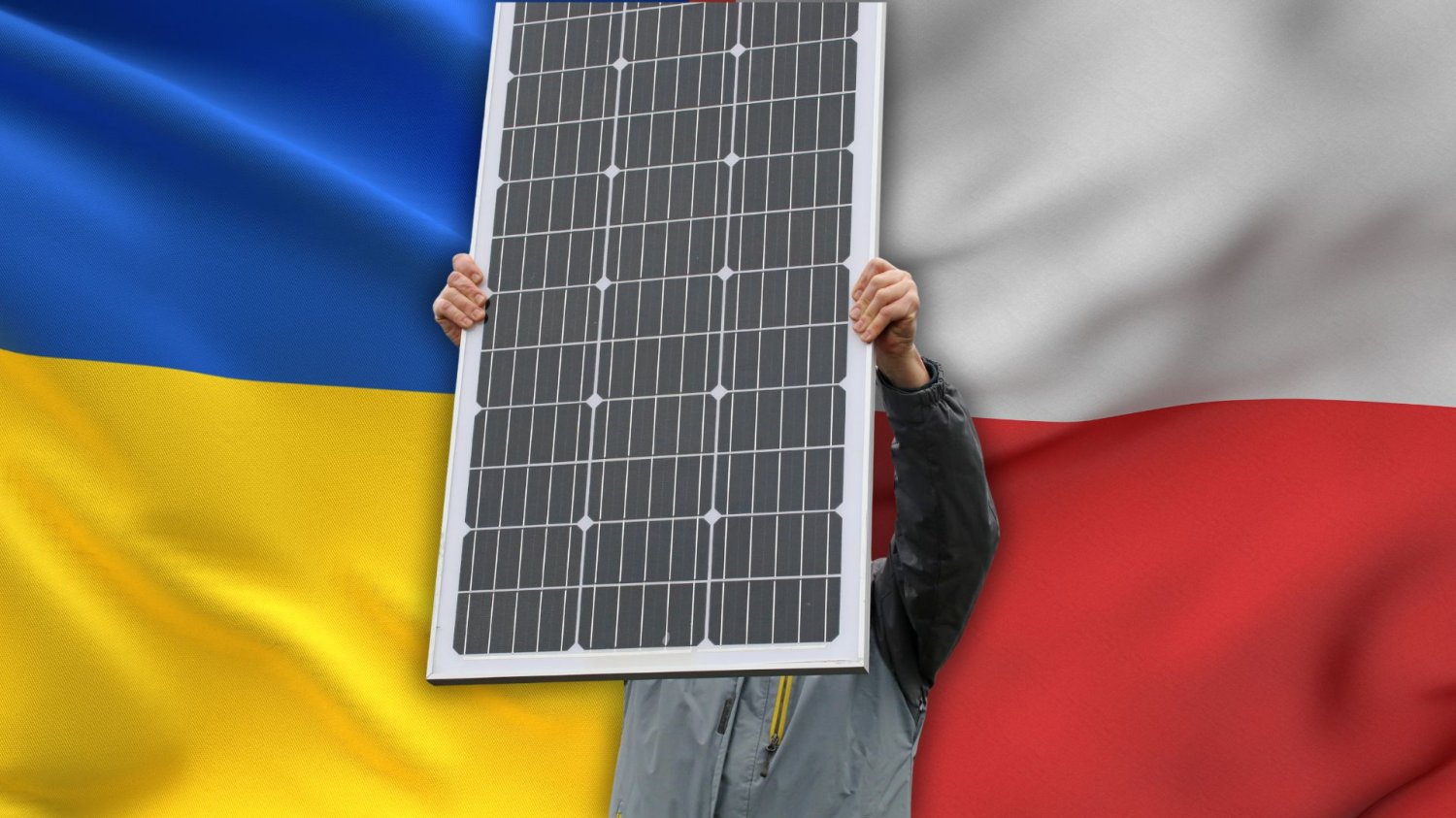 Osoba trzymająca panel fotowoltaiczny na tle flagi Polskiej i Ukraińskiej. Ukrainka nadziała się na podwójne opodatkowanie z powodu fotowoltaiki.