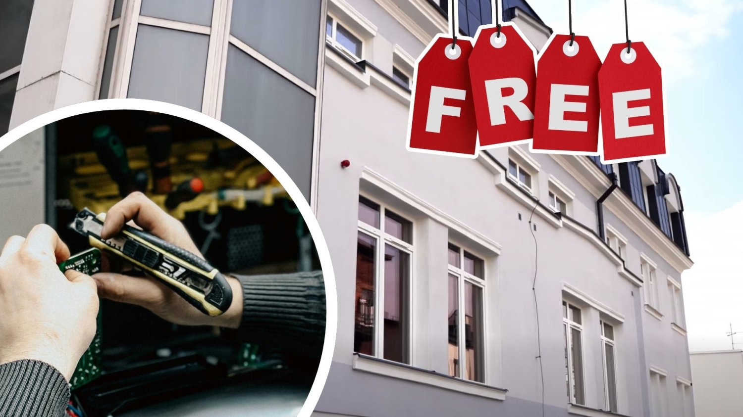 Chełm rozdaje biura za darmo. Tnie koszty, a startupy nie mogą się oprzeć. Budynek z biurami, znak "FREE" oraz pracownik technologiczny. Chełm rozdaje biura za darmo. Wielka szansa dla lokalnej technologii
